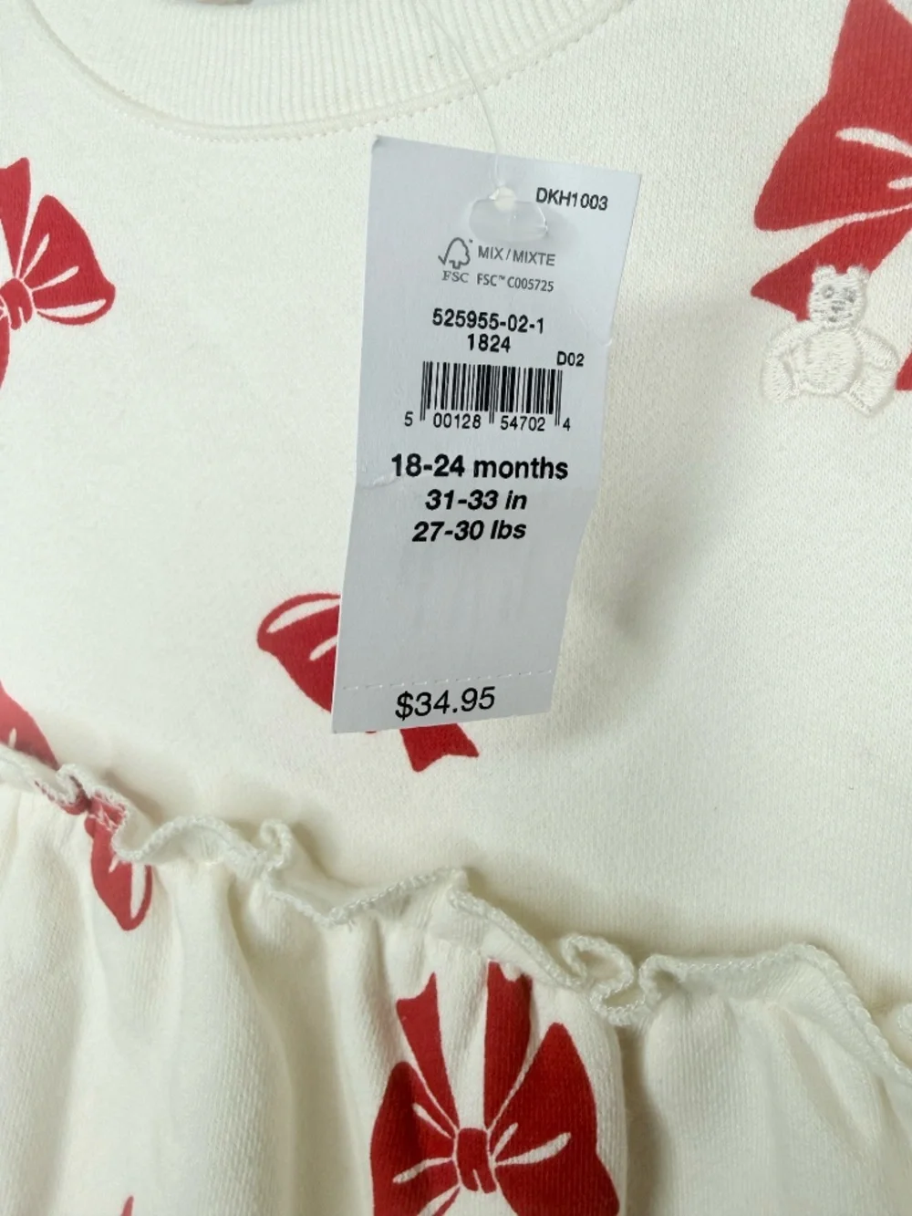 NWT  Baby Gap Cream Long Sleeve Dress with Red Printed Bows - 18-24 months